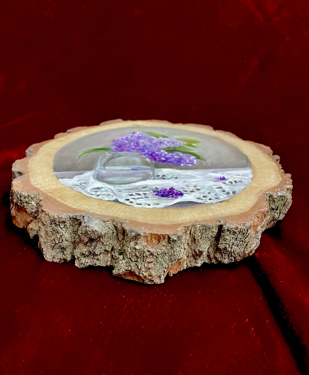 Нежность в стекле - картина маслом на срезе дуба с корой | Художница Ольга Ефимова