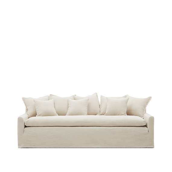 Чехол на 3-местный диван Zenira с подушками из хлопка и льна бежевого цвета, 230 см
