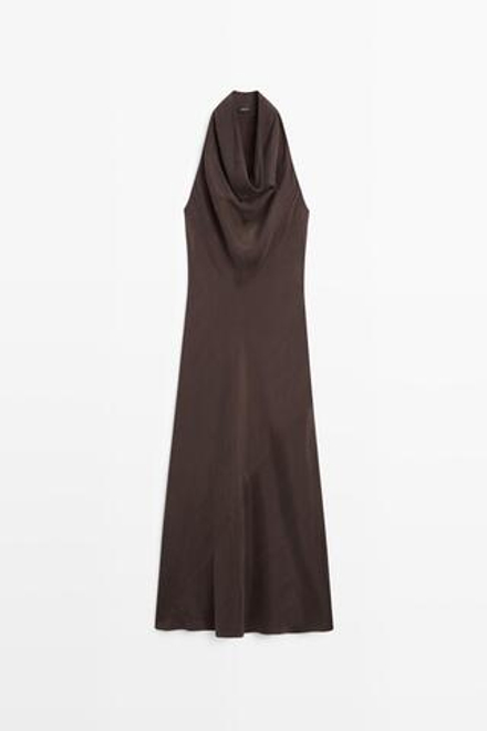 Massimo Dutti Длинное платье с драпированным вырезом, коричневый