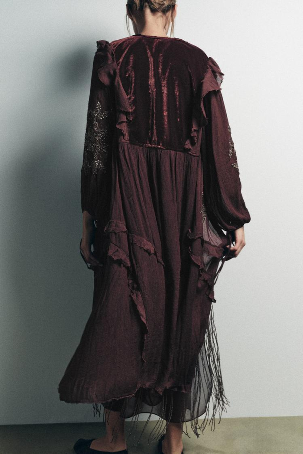 ZARA КОМБИНИРОВАННЫЙ ТОП ИЗ ЖОРЖЕТА С ПАЙЕТКАМИ, ВИННЫЙ