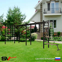 Уличная шведская стенка Sv Sport рукоход х 2 с комплектом турник прямой У53655 (Турник/Брусья/Стойка/Скамья/Деревянные/Кронш бокс/Канат/кольца/лестница/Сетка)