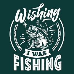 принт PewPewCat  Wishing I was fishing белый на темно-зеленой футболке