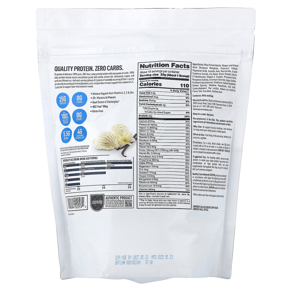 Isopure, протеиновая смесь для приготовления напитка без углеводов, со вкусом ванили, 480 г (1,06 фунта)
