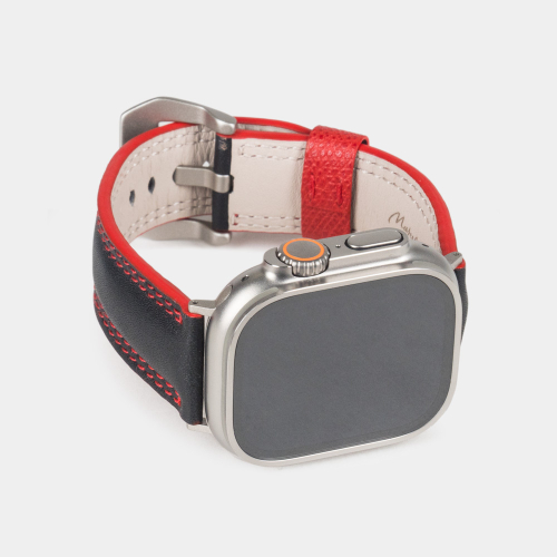 Ремешок для Apple Watch Ultra 49mm из кожи теленка черного цвета с красной строчкой
