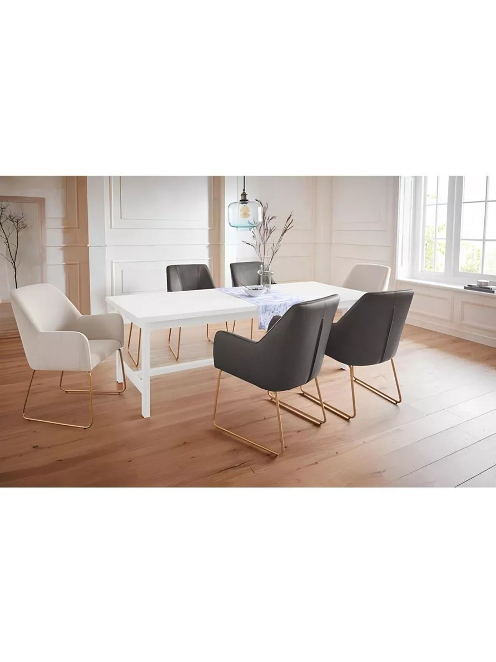 Дизайнерский обеденный стол 220х90х74 см Таула из массива дуба с 2 ящиками, белый