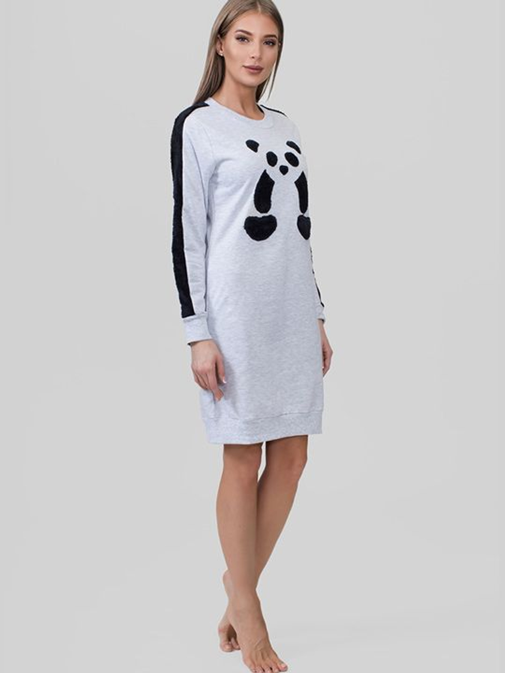 Трикотажное байковое платье с пандой (Размер: XL) (Цвет: серый)