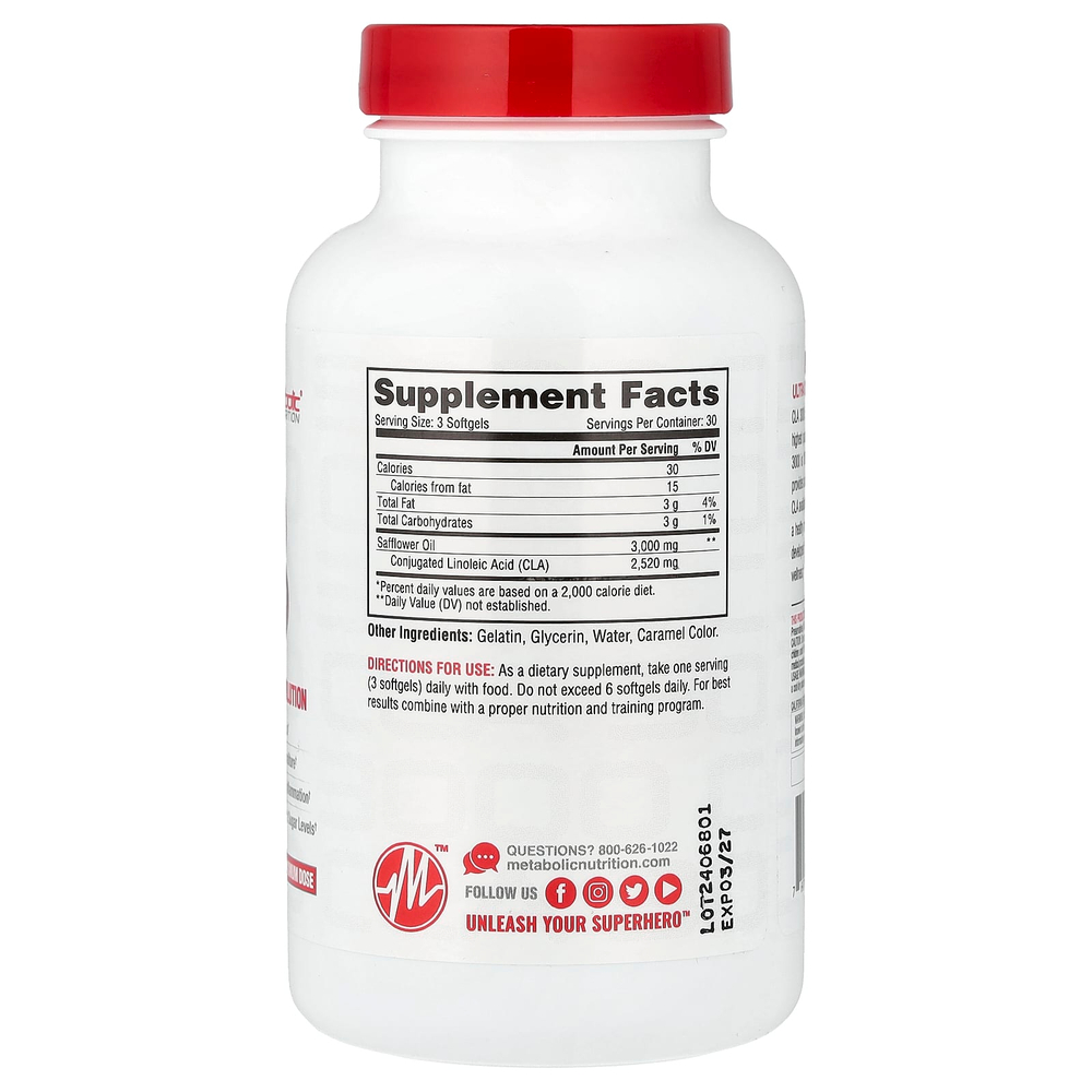 Metabolic Nutrition, CLA 3000, 90 капсул (1000 мг в каждой капсуле)