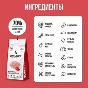 Сухой корм BOWL WOW для собак средних пород с индейкой, курицей, рисом и свеклой  Сухой корм BOWL WOW для собак средних пород с индейкой, курицей, рисом и свеклой