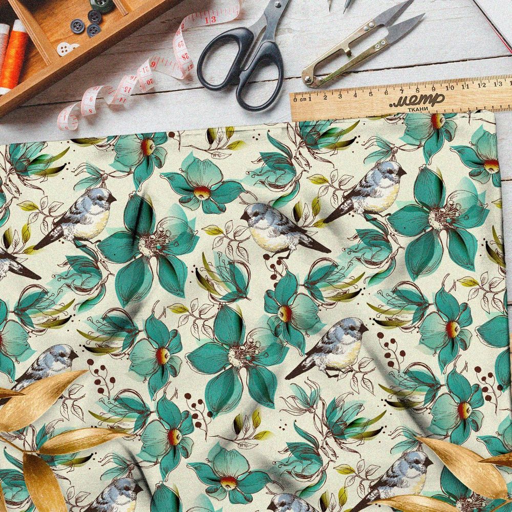 Ткань шелк Армани бирюзовые цветы с птицами