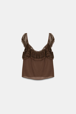 ZARA ТОП С ВЫШИВКОЙ И ВОЛАНАМИ, КОРИЧНЕВЫЙ