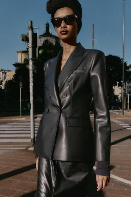 ZARA ДВУБОРТНЫЙ БЛЕЙЗЕР ПОД КОЖУ, ЧЕРНЫЙ