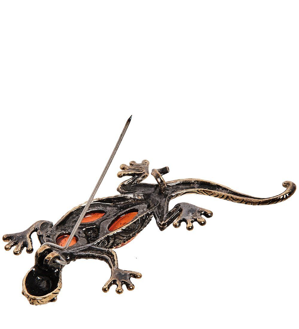 AM-2417 Брошь «Ящерка песчаная» (латунь, янтарь)