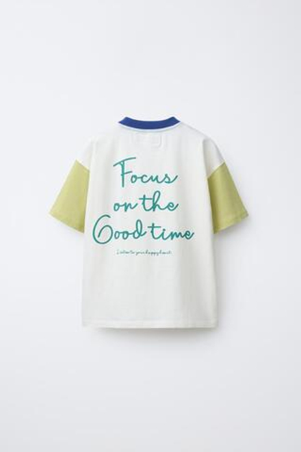 ZARA ФУТБОЛКА С КОНТРАСТНЫМИ РУКАВАМИ И НАДПИСЬЮ, БЕЛЫЙ