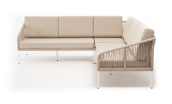 "Канны" диван модульный плетеный из роупа, каркас алюминий белый, роуп бежевый круглый, ткань бежевая 035