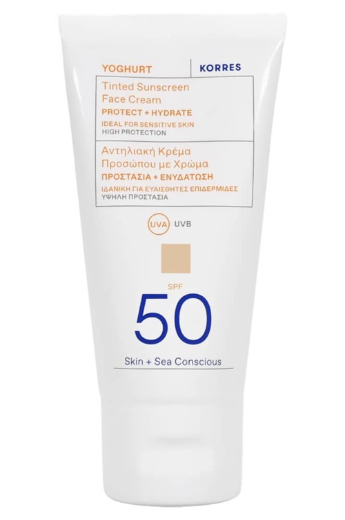 Солнцезащитный крем для лица KORRES с йогуртом и тонирующим эффектом SPF 50, 50 мл