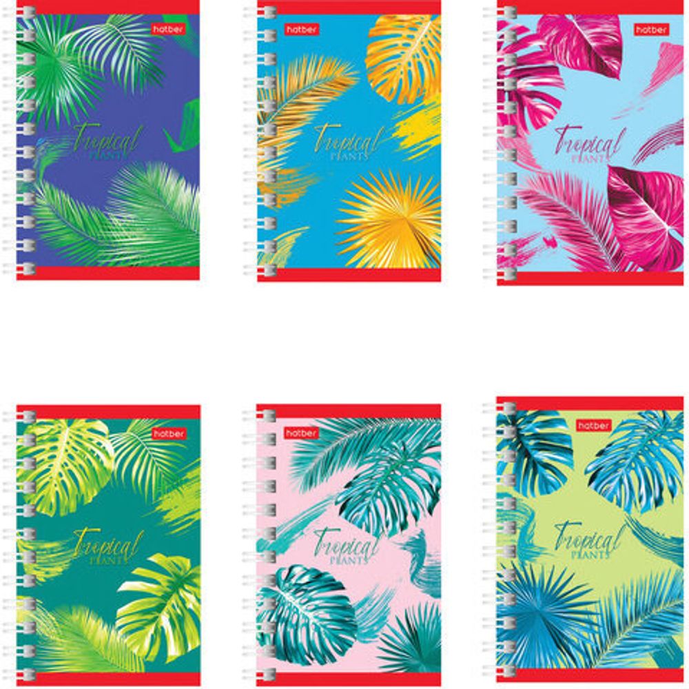 Блокнот МАЛЫЙ ФОРМАТ (75х105 мм) А7, 80 л., гребень, клетка, HATBER "Тропические листья", 80ЗК7В1гр