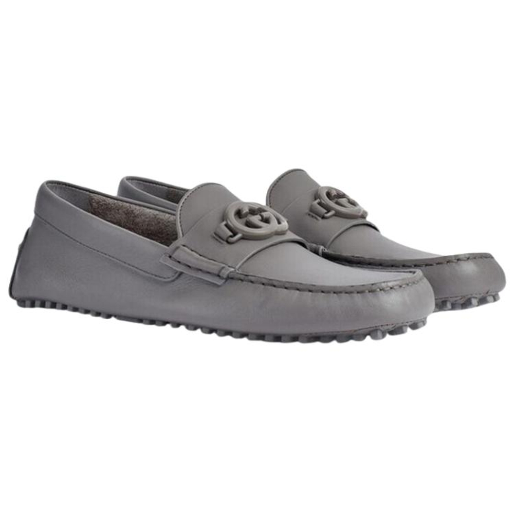 GUCCI Interlocking Casual Gommino Loafers Men"s Gray