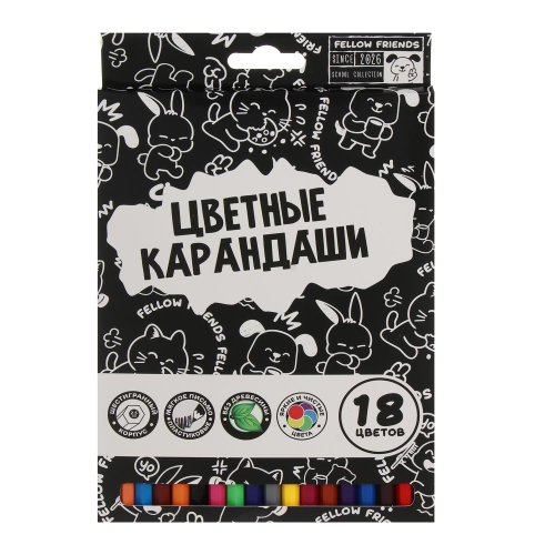 Карандаши пластиковые шестигранные, 18 цв., "Друзья Товарищи", заточенные, цветная коробка
