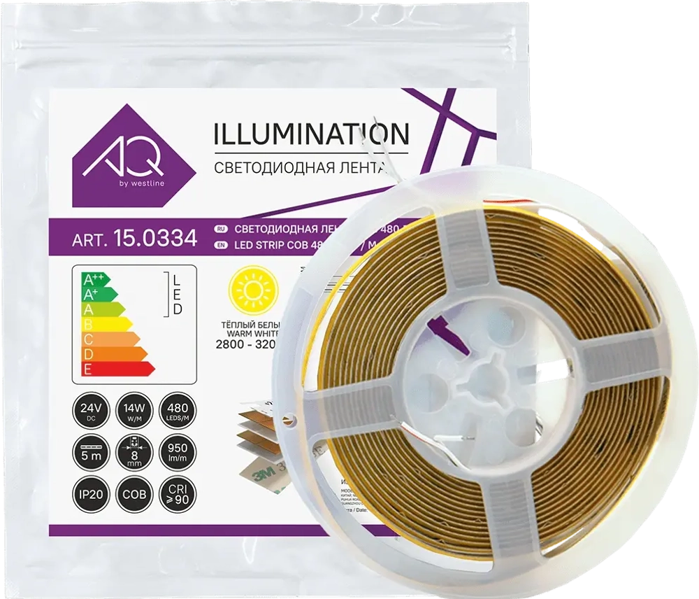 ЛЕНТА светодиодная AQ LED-LINE COB 480 LED/м 24V 14W/м 8 мм IP20 теплый белый 5 м (15.0033)