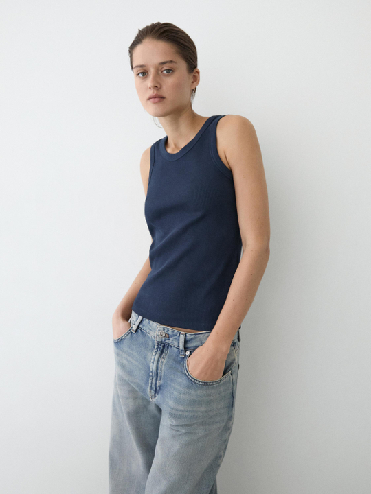 Massimo Dutti Футболка из смесовой хлопковой ткани, темно-синий