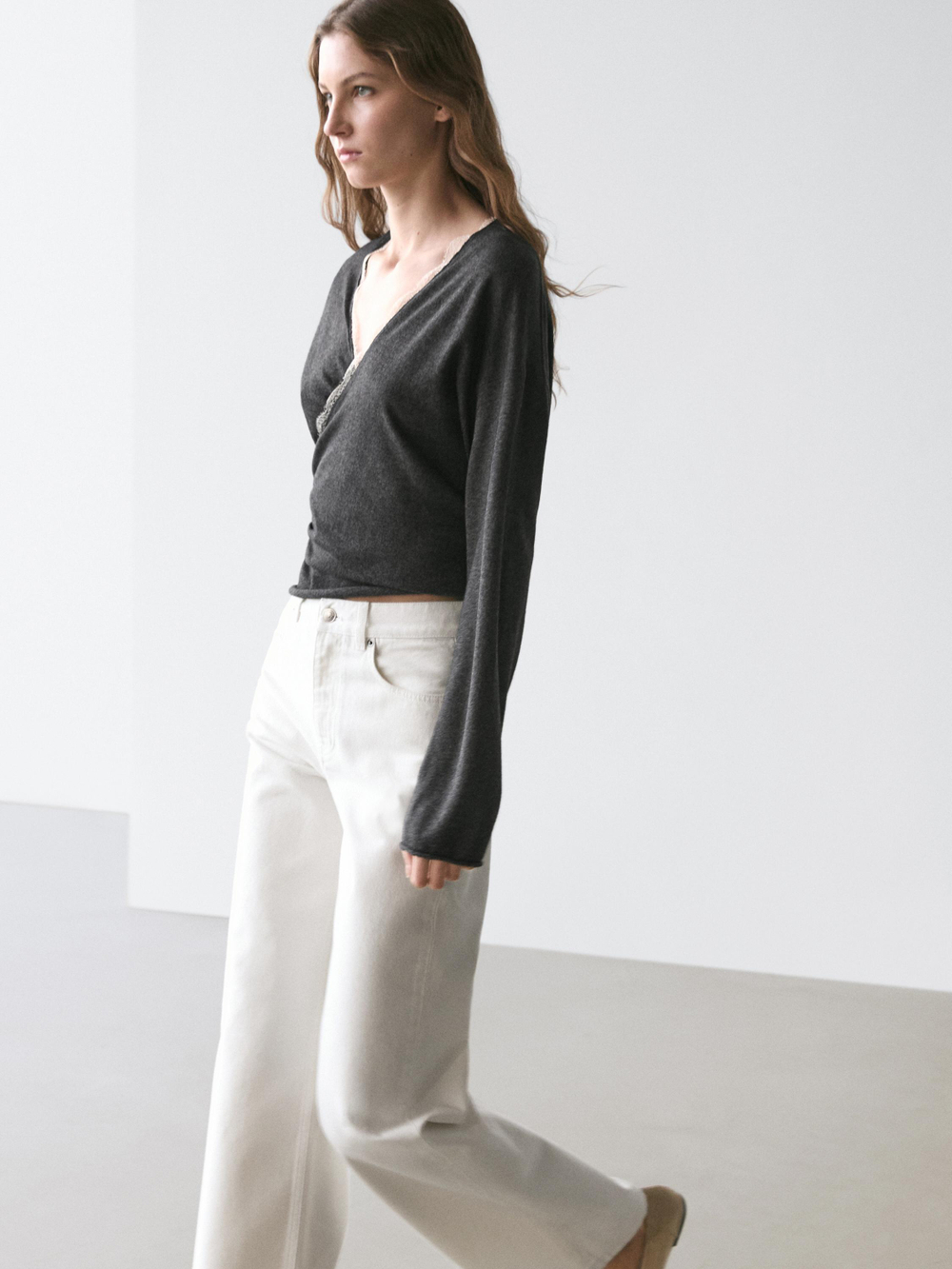 Massimo Dutti Кардиган внахлест с отделкой кружевом, антрацитово-серый