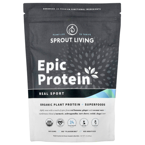 Sprout Living, Epic Protein, органический растительный протеин и суперпродукты, Real Sport, 494 г (1,1 фунта)