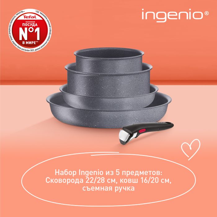 Набор посуды со съемной ручкой Tefal Ingenio Natural Force 5 предметов 16/20/22/28 см L3969053