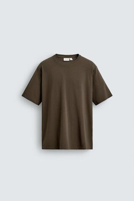 ZARA ФУТБОЛКА REGULAR FIT ИЗ СМЕСОВОГО ХЛОПКА, КОРИЧНЕВЫЙ