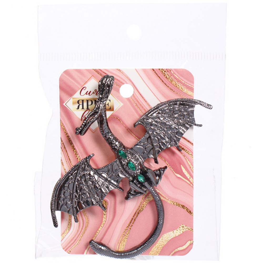 Брошь - оберег «Best Podarok - Серебряный дракон с зелеными стразами», 4.7*4.7см