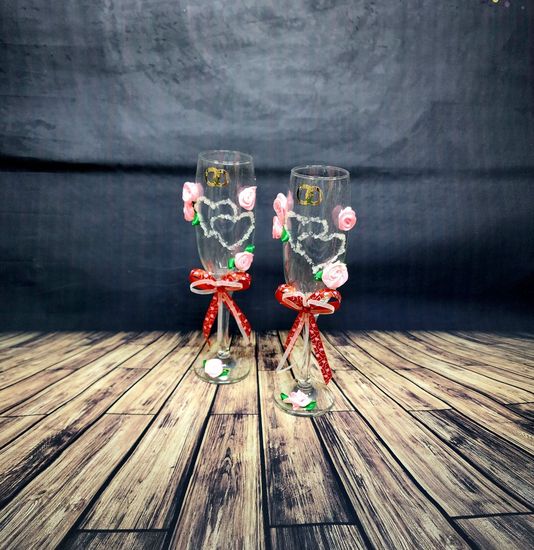 Свадебные бокалы , золото с розовым, Совет да любовь, матовые