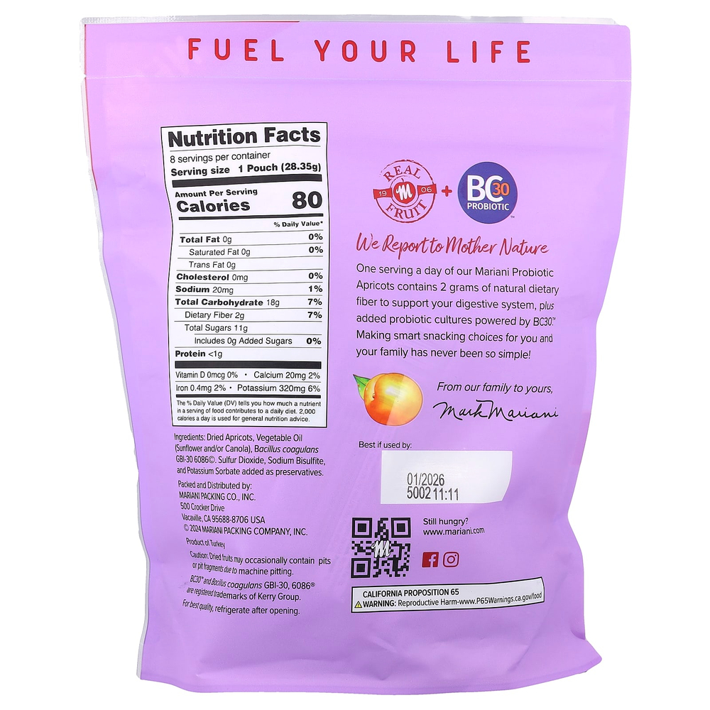 Mariani, пробиотики и абрикосы, 8 пакетиков по 28,25 г (1 унции)