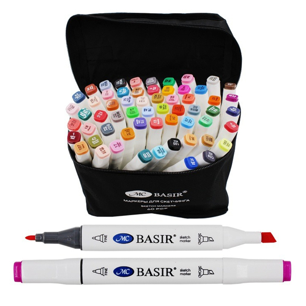 Маркер для скетчинга, двусторонние, Basir, четырёхгранные, 15 мм, спиртовые, 60 шт