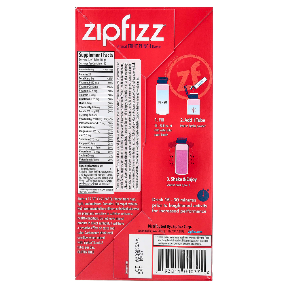 Zipfizz, Смесь для энергетических напитков, фруктовый пунш, 20 тюбиков по 11 г (0,39 унции)