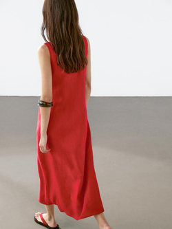 Massimo Dutti Платье миди из 100% льна с круглым вырезом, красный