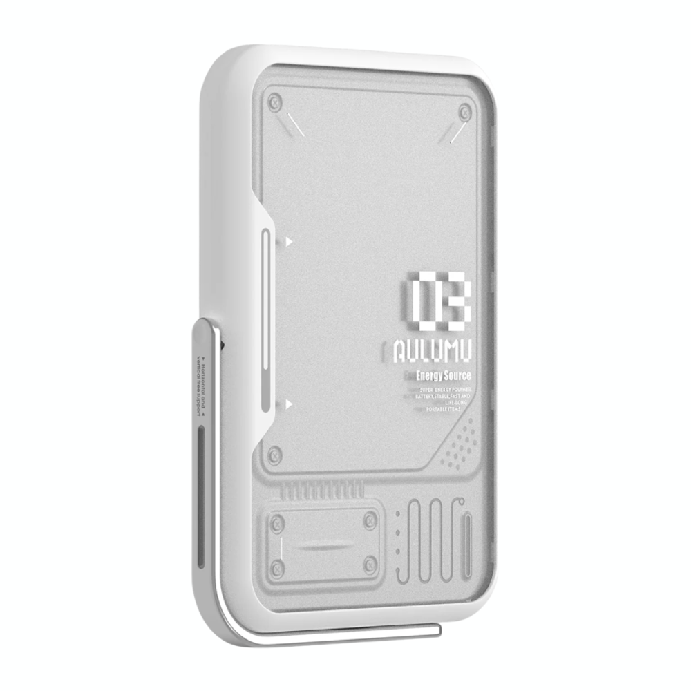 Внешний аккумулятор MagSafe с подставкой Aulumu M03 Battery Pack (3500 мА·ч) Внешний аккумулятор в футуристическом стиле | Беспроводная зарядка: Qi 5 Вт. Проводная зарядка: нет. Есть LED-индикация. Энергоёмкость — 12,95 Вт·ч