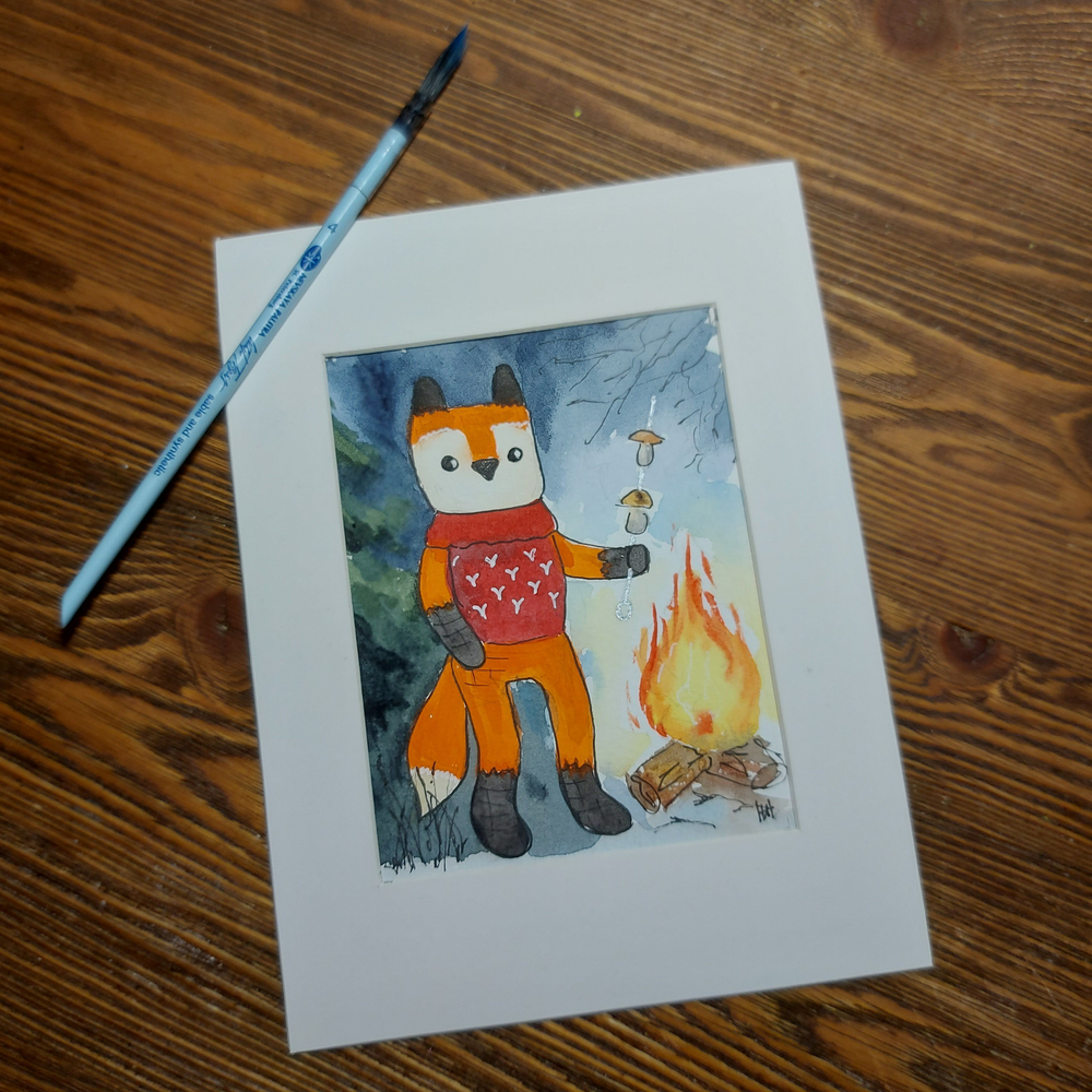 Картина акварельная авторская в паспарту 15х20 см на стену для интерьера "Лисичка"