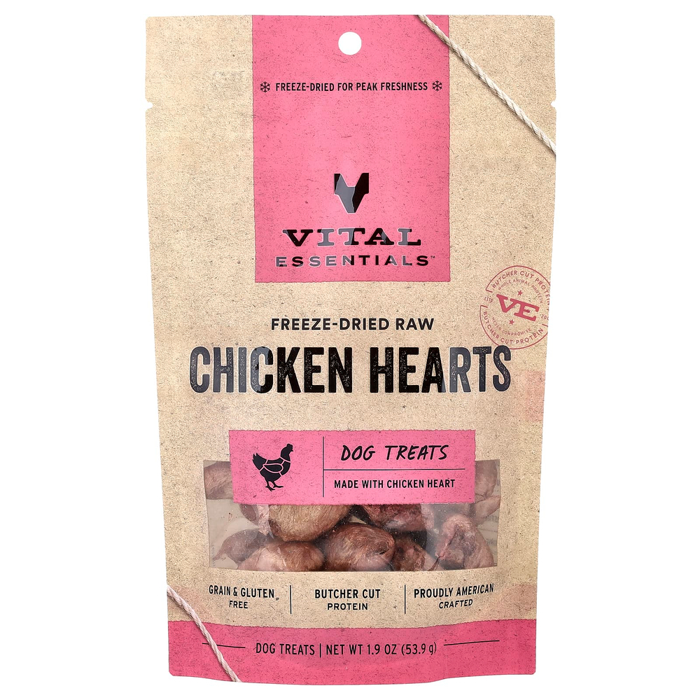 Vital Essentials, сублимированные необработанные лакомства для собак, со вкусом куриных сердечек, 53,9 г (1,9 унции)