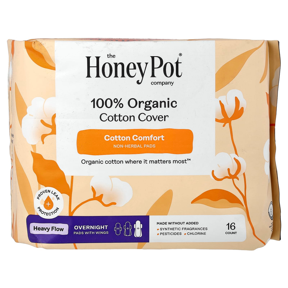 The Honey Pot Company, ночные прокладки с крылышками из 100% органического хлопка, плотные, 16 шт.