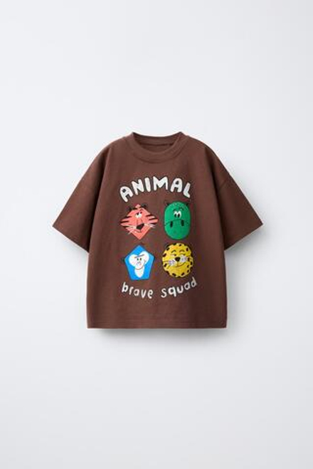 ZARA ФУТБОЛКА С АНИМАЛИСТИЧЕСКИМ ПРИНТОМ, ШОКОЛАДНЫЙ