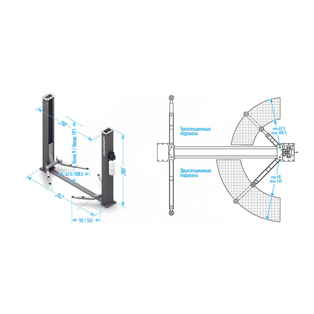 NORDBERG (N4120B-4B_3+2_220) Подъемник двухстоечный 4 т, 220 В, синий