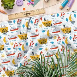 Ткань футер 2-х нитка детские кораблики