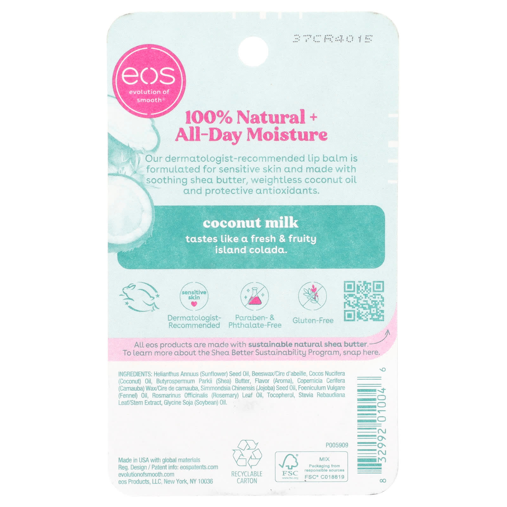 EOS, 100% натуральный бальзам для губ, кокосовое молоко, 7 г (0,25 унции)
