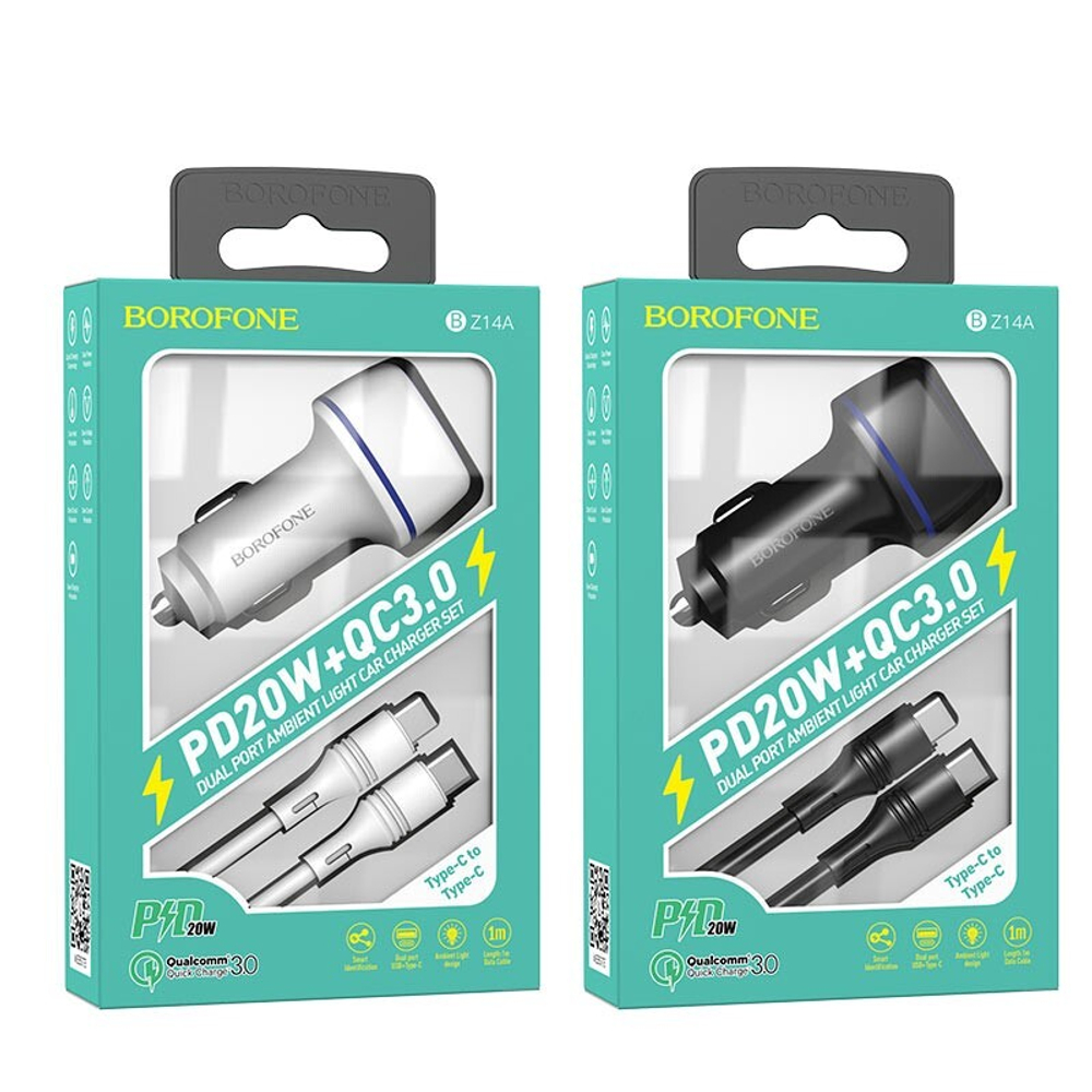 Автомобильный адаптер питания BOROFONE BZ14A PD 3.0 + кабель Type-C - Lightning  (черный)