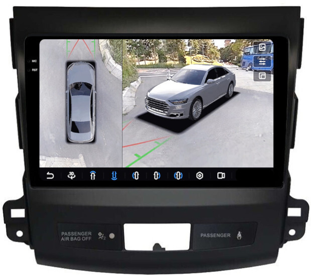 Магнитола для Mitsubishi Outlander XL, Peugeot 4007, Citroen C-Crosser - FarCar BX056M-360 монитор 9.5" 2K QLED на Android 13, 6Гб+128Гб, CarPlay, 4G SIM-слот, 4 камеры в комплекте