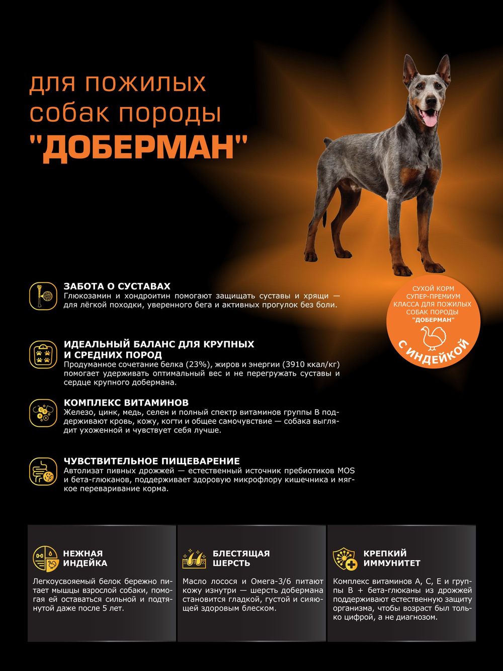 Корм сухой для пожилых собак породы Доберман старше 5 лет, с индейкой, 12 кг, QUATTRO