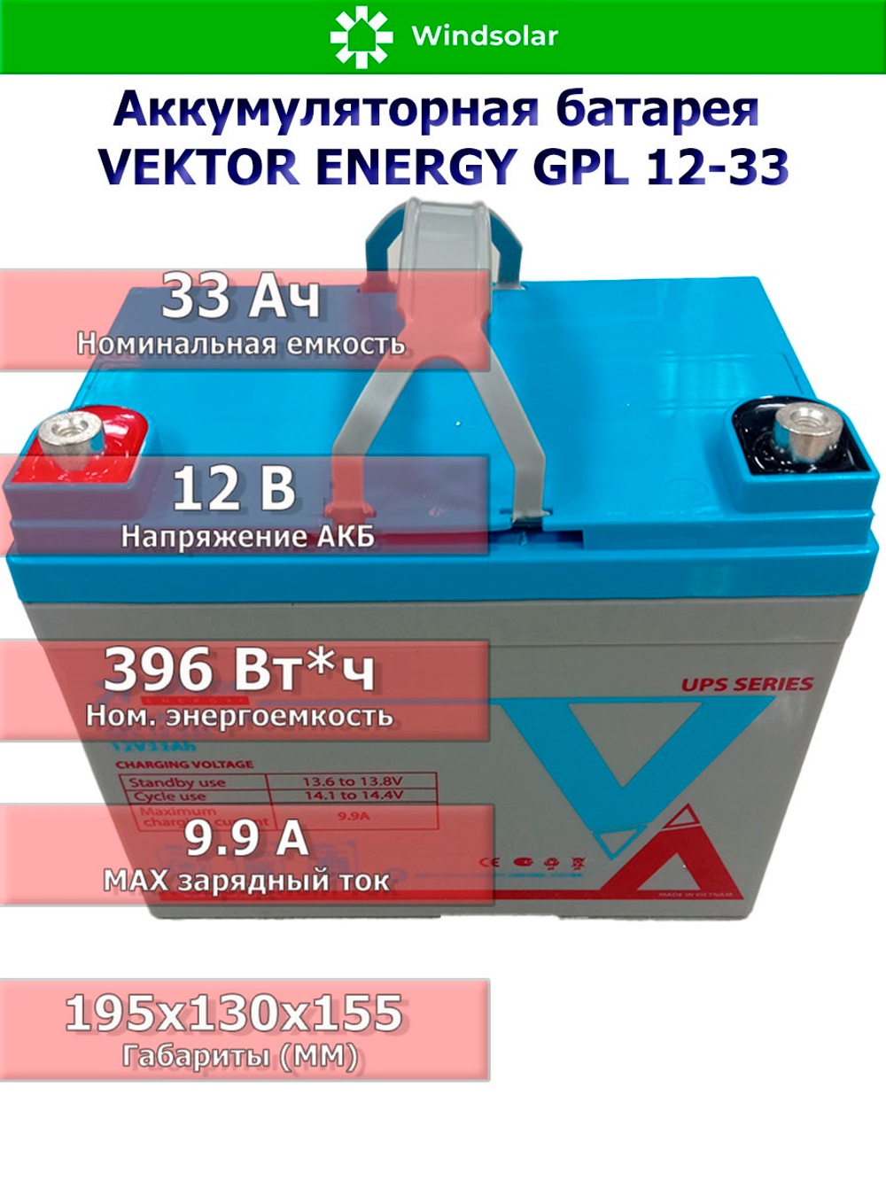 Аккумуляторная батарея VEKTOR ENERGY GPL 12-33