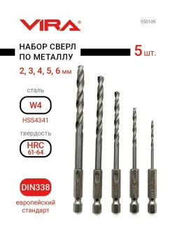 Набор сверл по металлу c шестигранным хвостовиком 5 шт VIRA