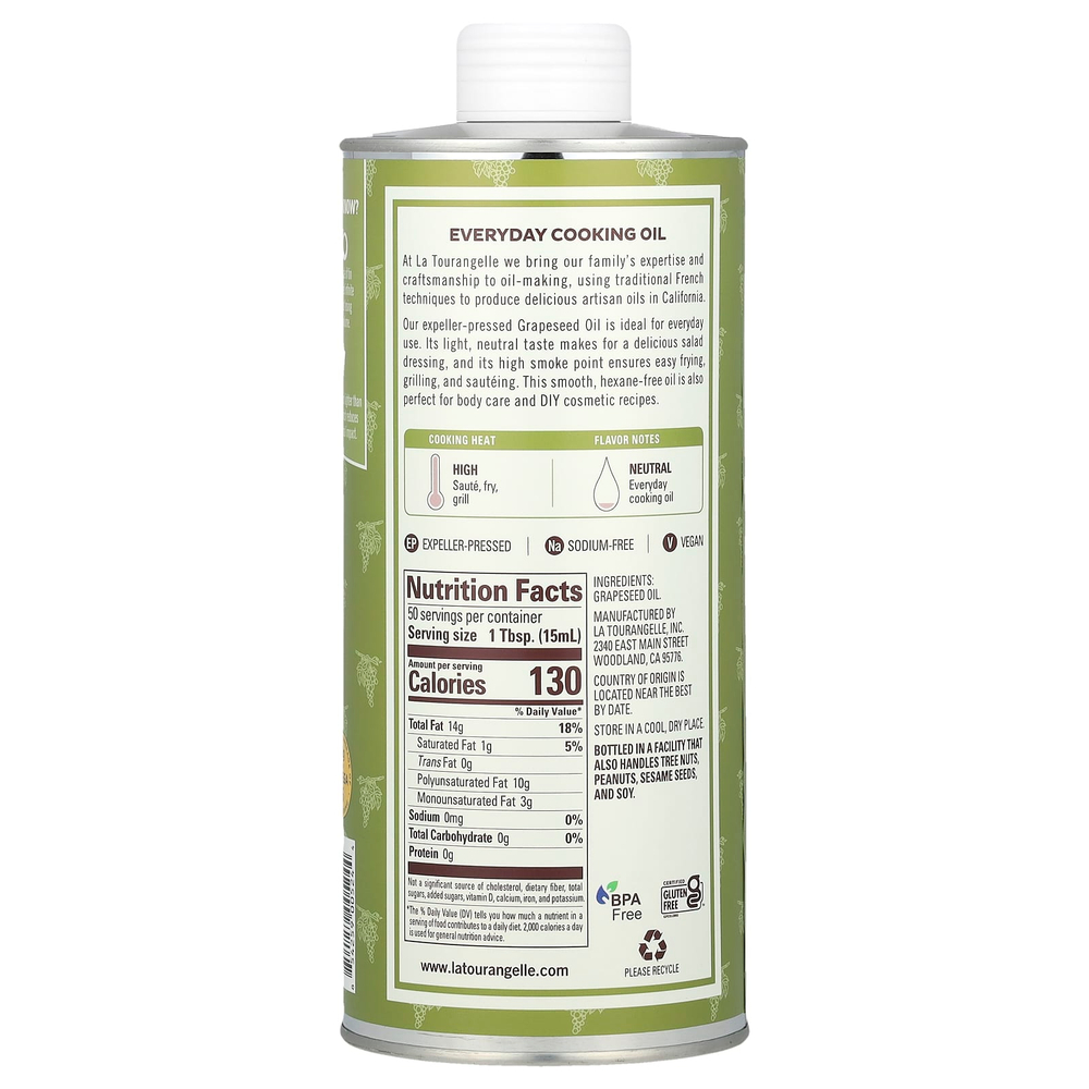 La Tourangelle, Масло из виноградных косточек, полученное методом отжима, 750 мл (25,4 жидк. унц.)