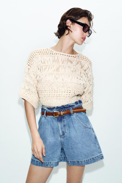 ZARA ШОРТЫ-БЕРМУДЫ BAGGY С ПОЯСОМ, ВЫЦВЕТШИЙ СИНИЙ