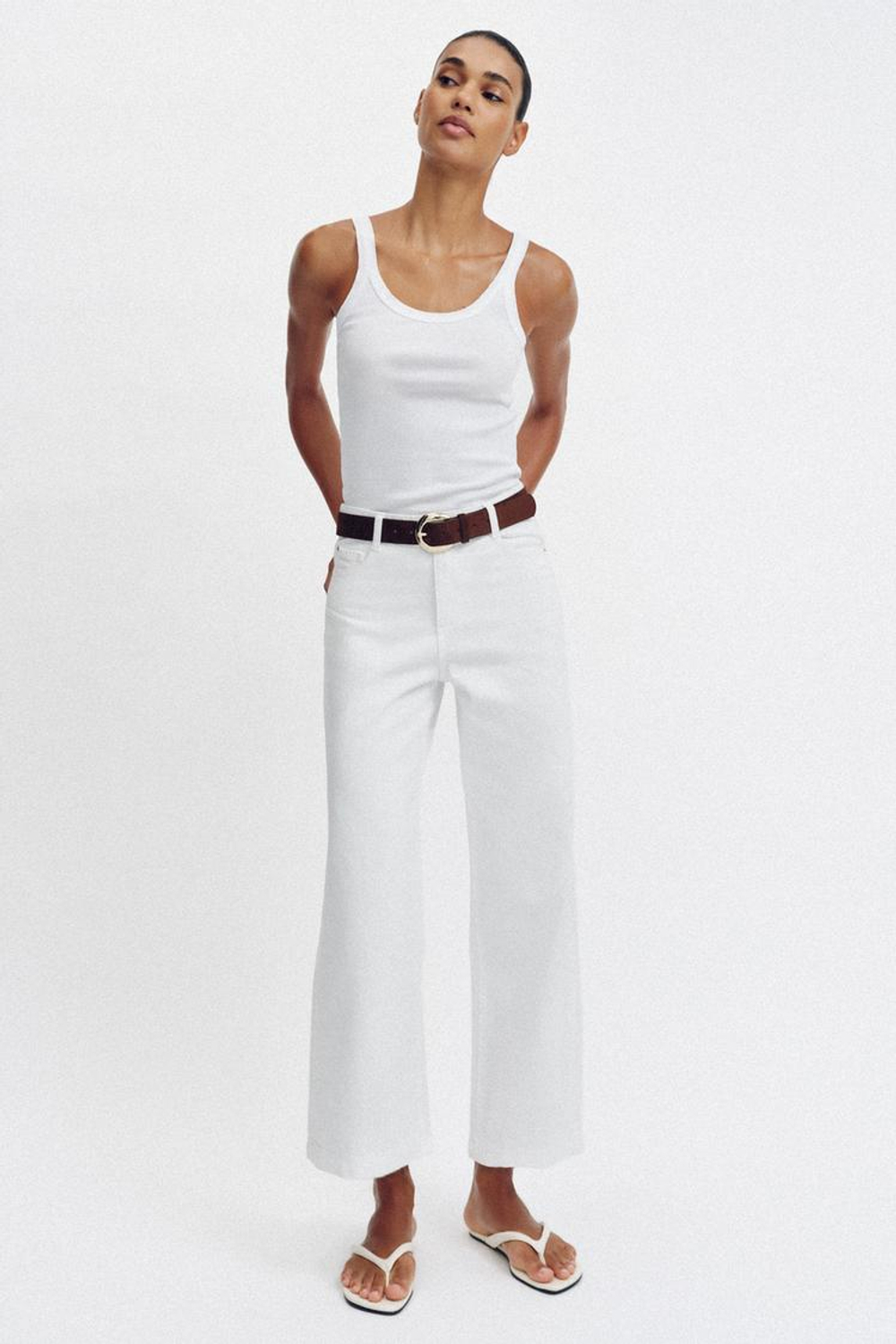 ZARA ДЖИНСЫ WIDE LEG УКОРОЧЕННЫЕ С ВЫСОКОЙ ПОСАДКОЙ И РЕМНЕМ, БЕЛЫЙ